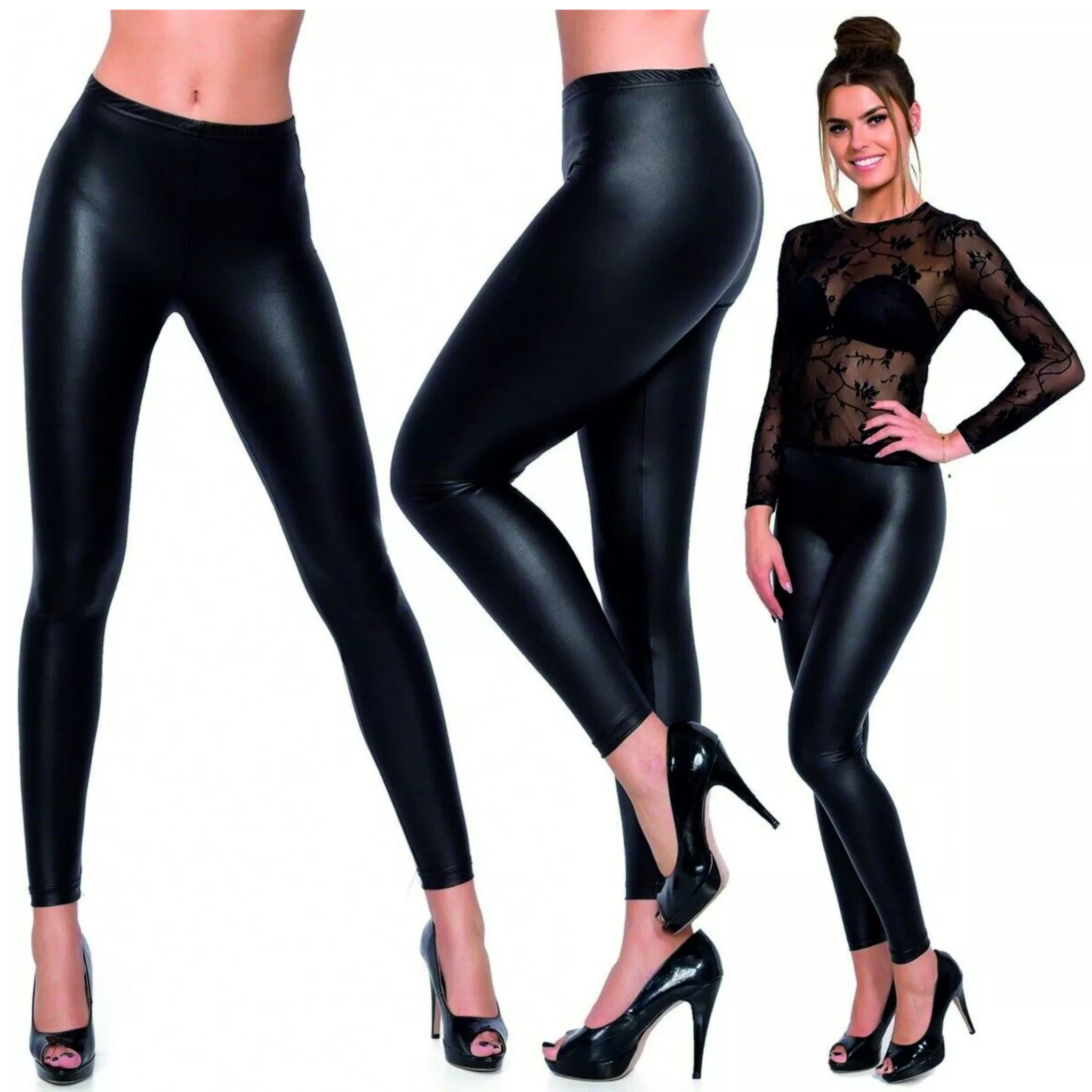 Ladies black leather wet look leggings, high waisted skinny fit faux leather trousers for women